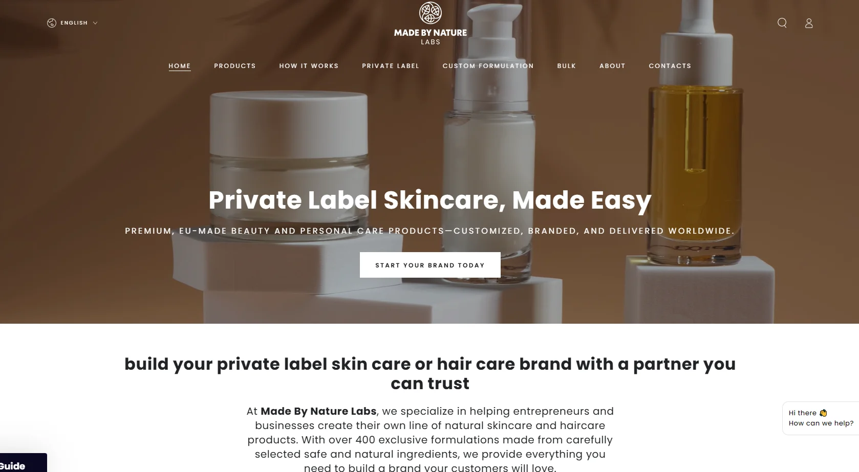 Website interface for Made By Nature Labs showcasing private label skincare options with various product bottles and a start your brand button.